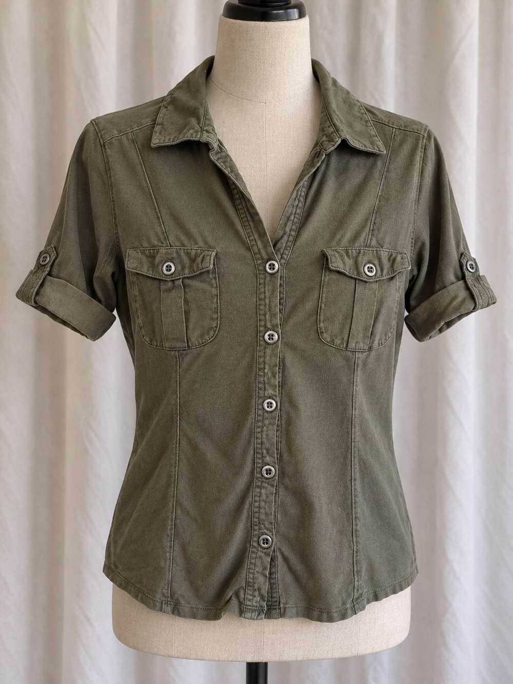 Olive Green Utility Button-Down Shirt Front Pockets Size Small